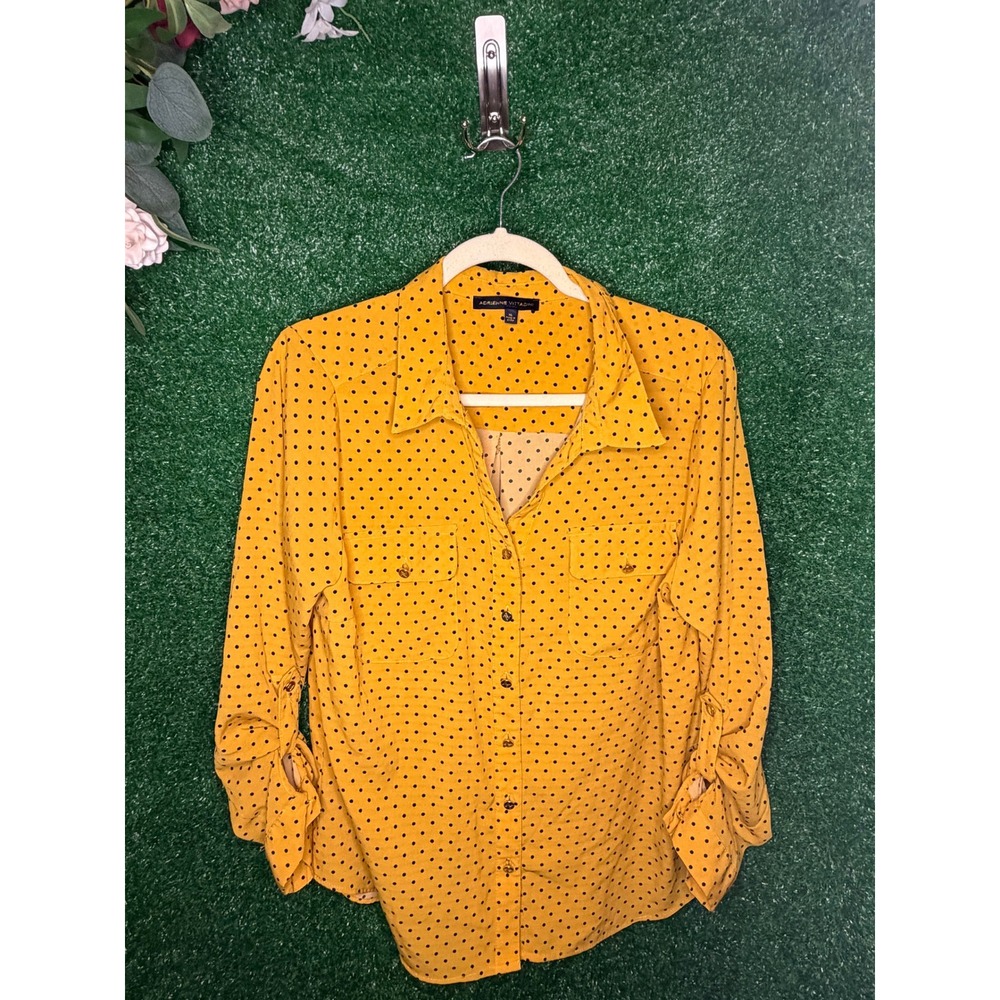 Adrienne Vittadini Mustard Yellow Black Polka Dot Button Down Blouse Women's XL
